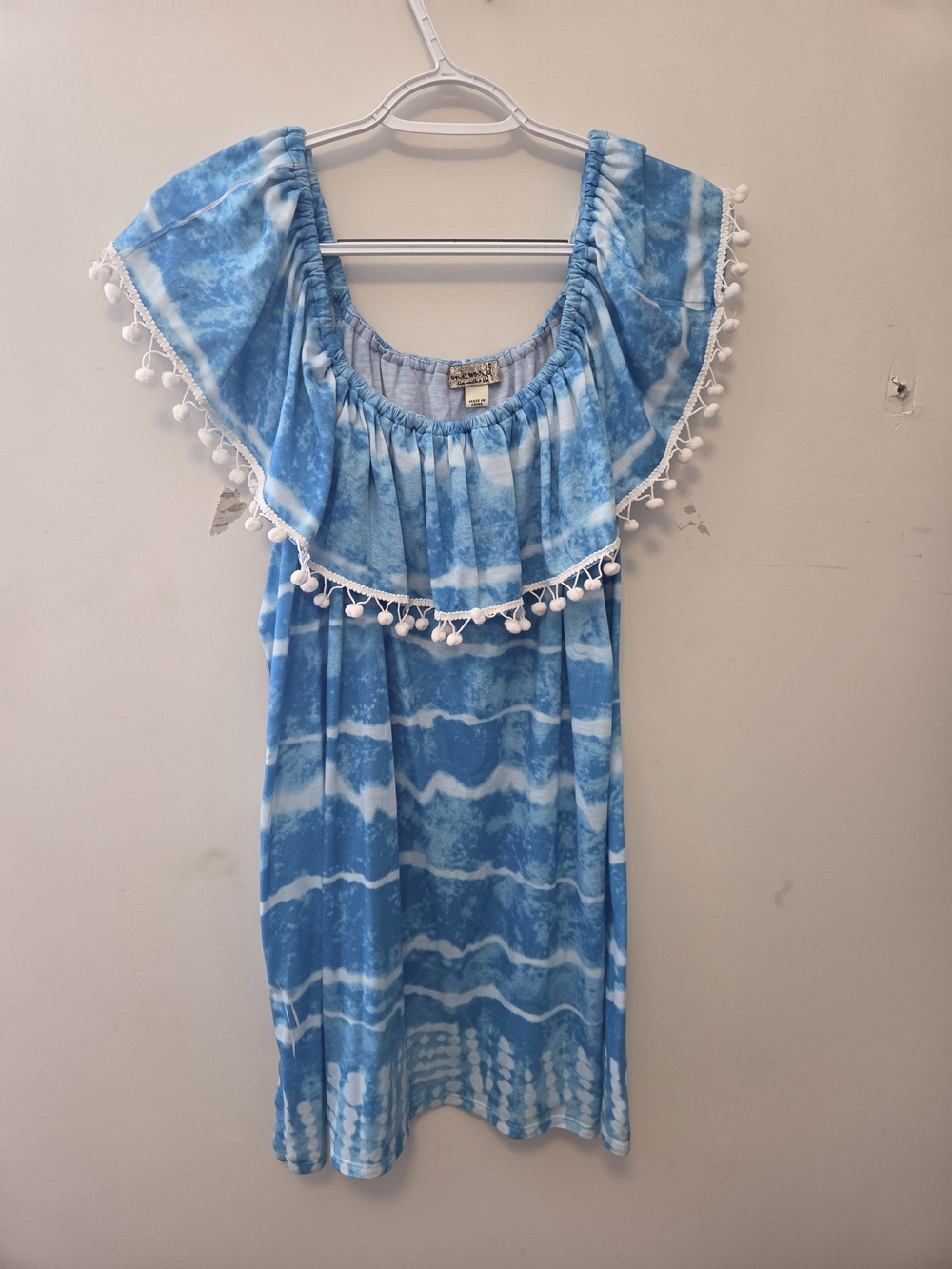 ONE WORLD Blue Tie-Dye Pom Pom Ruffle Dress